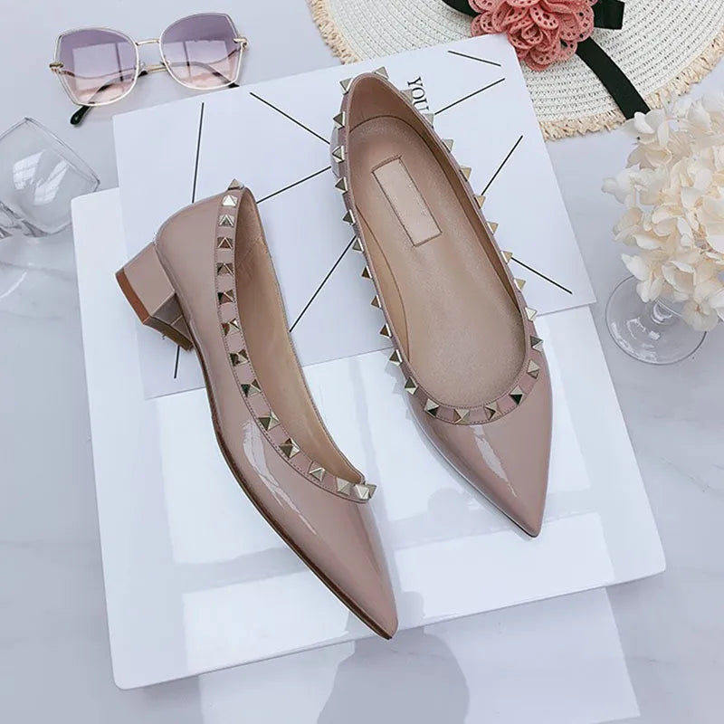 Luxury Leather Rivet High Heels | Designer Pointed Toe Square Heel Pumps for Women