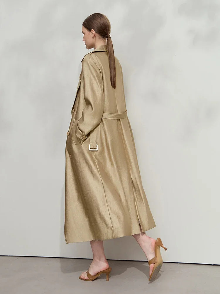 Minimalist Wide-Waist Trench Coat for Women - 2025 Spring/Summer Long Double-Breasted Overcoat with Turn-Down Collar