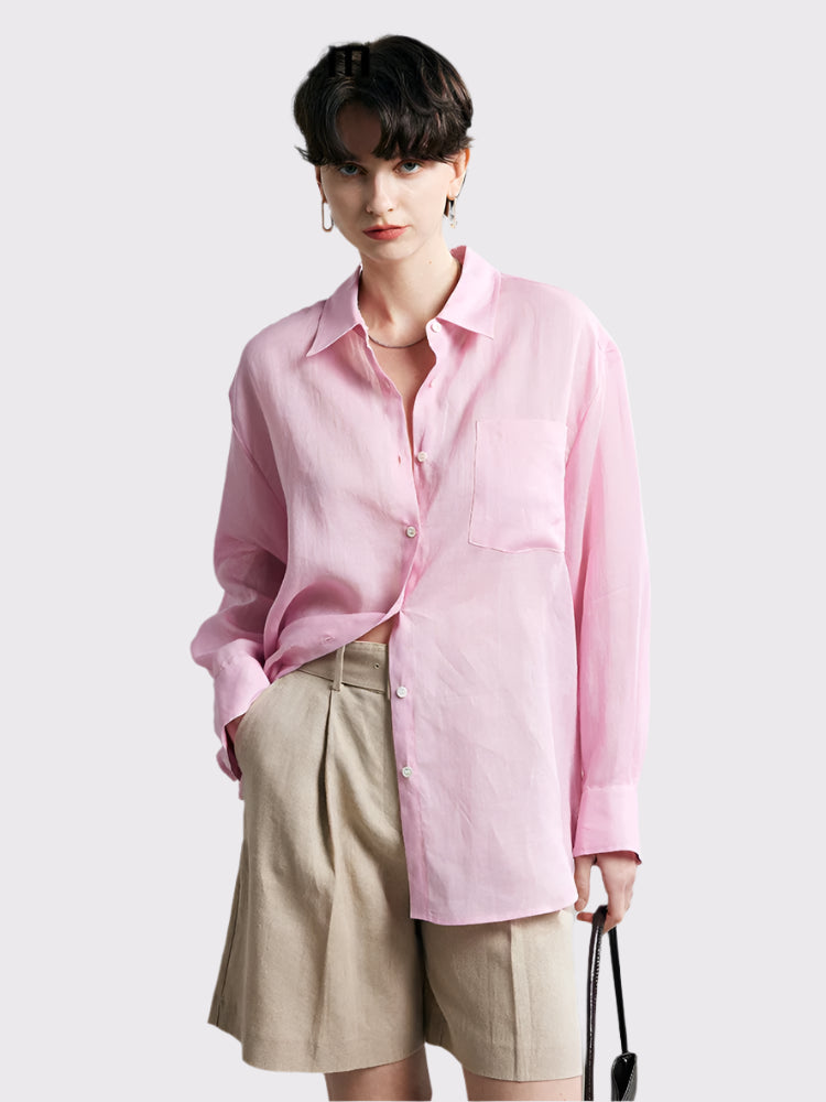 100% Ramie Solid Blouse  -  Women's Loose-Fit Shirt with Turn-Down Collar & Chest Pocket - HER SHOP
