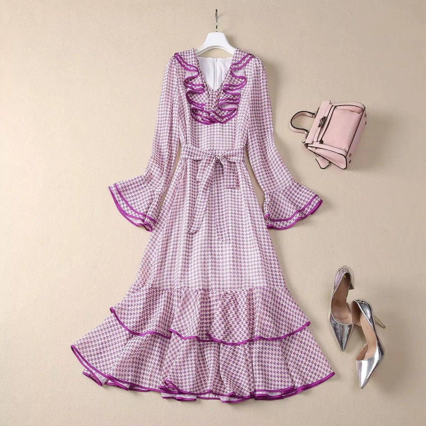 Elegant Vintage Houndstooth Midi Dress – Spring/Summer Fashion, Ruffle V-Neck with Belt, Casual Women€™s Runway Design
