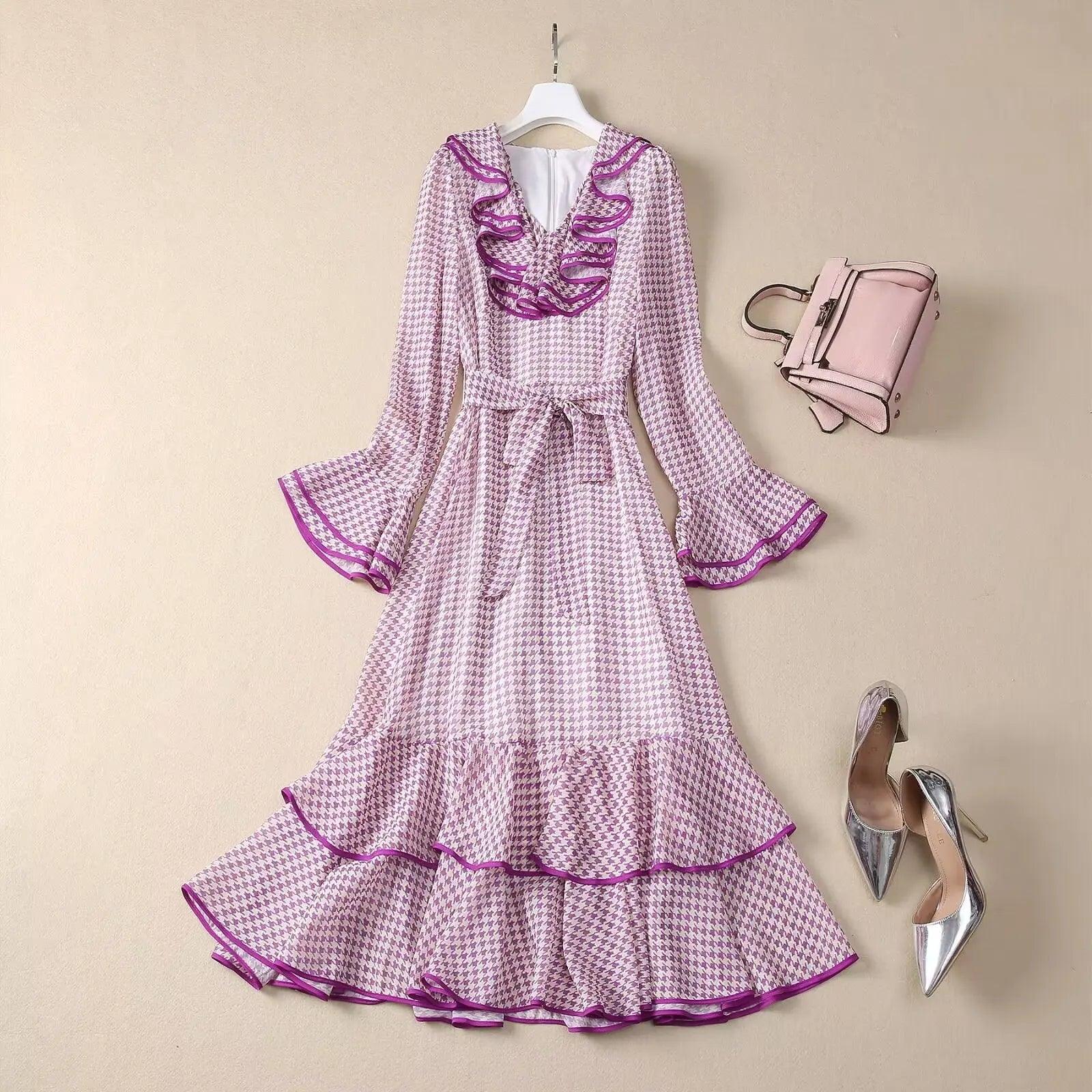 Elegant Vintage Houndstooth Midi Dress – Spring/Summer Fashion, Ruffle V-Neck with Belt, Casual Women€™s Runway Design