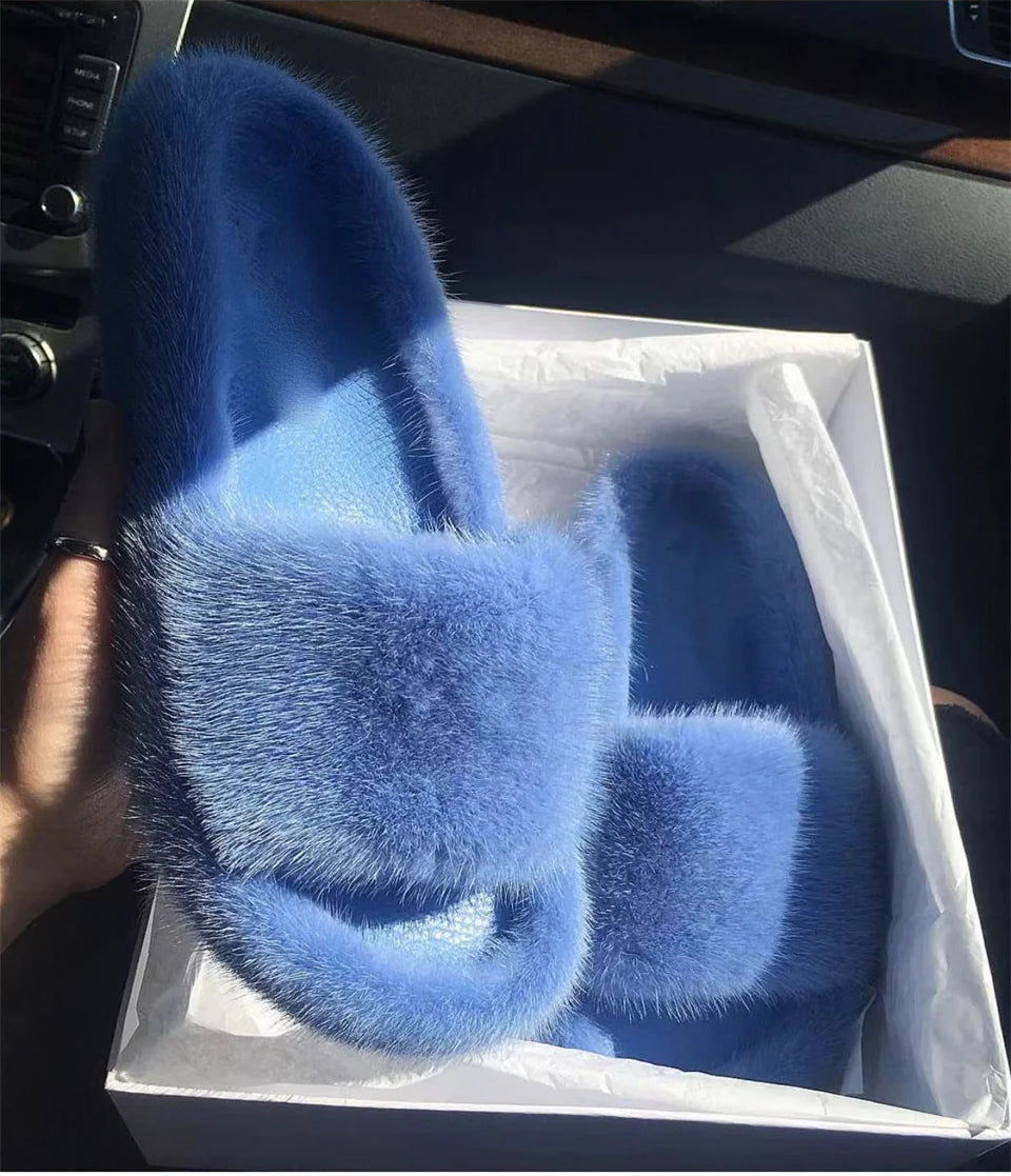 Luxury Real Mink Fur Slippers for Women – Summer Flat Slides with Plush Fur and Sheepskin Insole