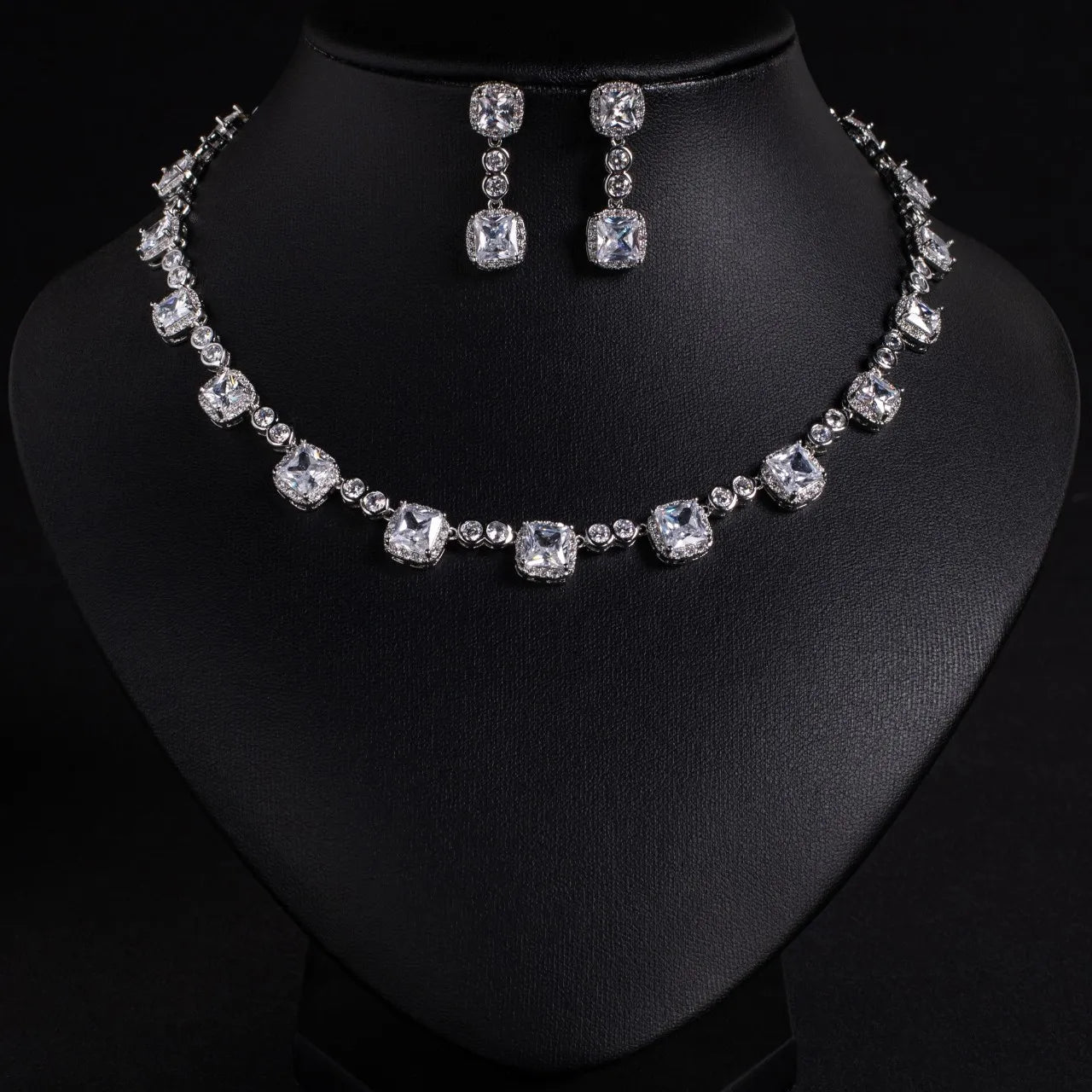 2-Piece Luxury Small Square Zirconia Jewelry Set Elegant Necklace & Earrings for Women | Party, Festival, Prom & Summer Date Look (S-650)