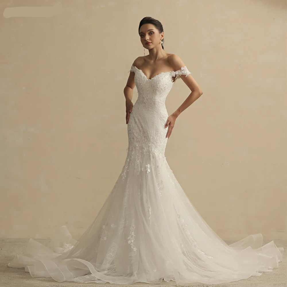 Custom A-Line Lace Wedding Dress with Off-Shoulder V-Neck and Puffy Sleeves – Elegant Bridal Gown