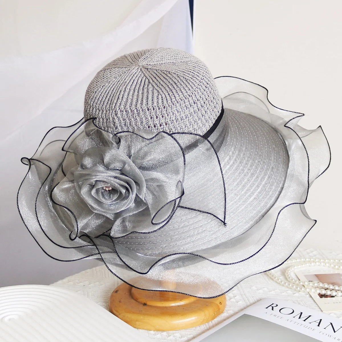 Elegant Women's Summer Sun Hat – Breathable Organdy, Foldable Design, Woven Crown with Flower Decoration