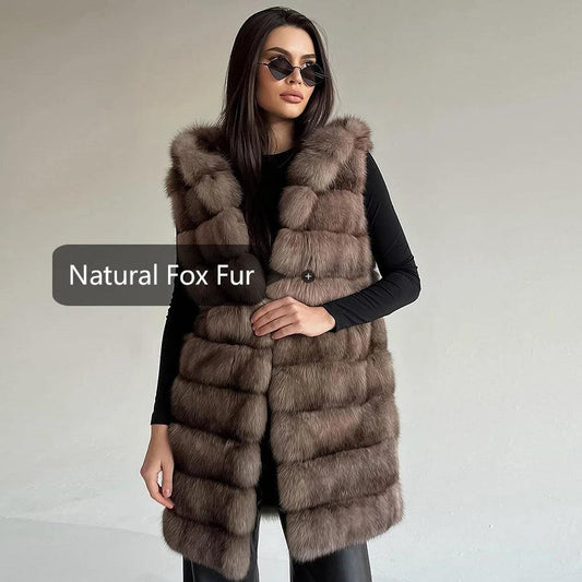Women's Luxury Fox Fur Vest – Mid-Long Waistcoat Jacket with Genuine Leather Accents - HER SHOP - HER SHOP