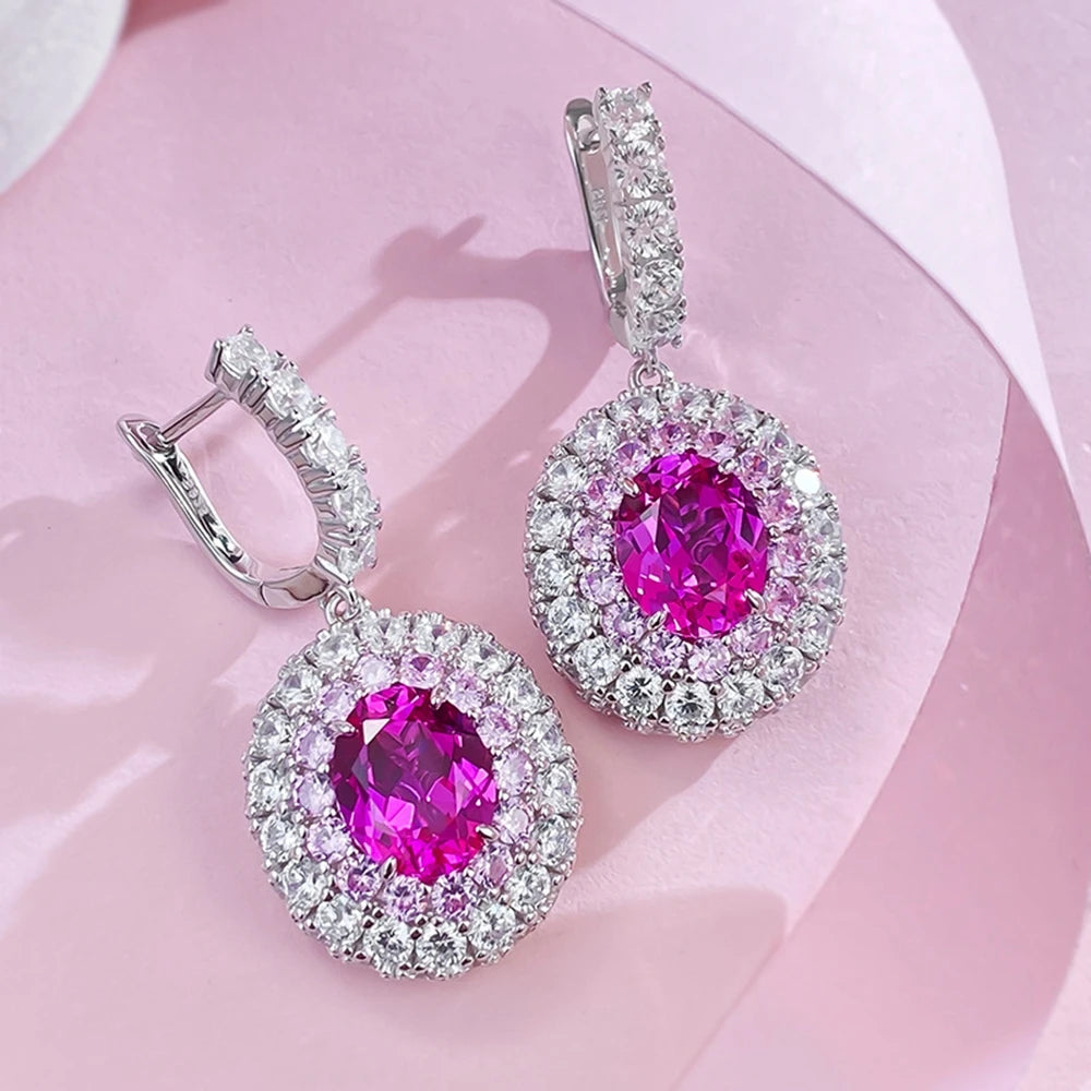 100% 925 Sterling Silver 8-M Oval Lab Sapphire Drop Earrings High Carbon Diamond Accents | Sparkling Fine Jewelry for Women
