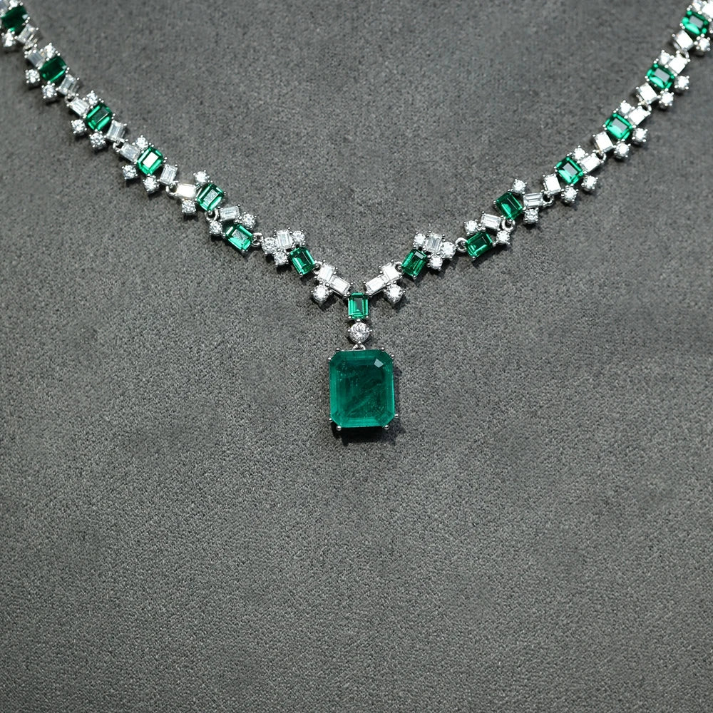 Vintage 100% 925 Sterling Silver 15×17MM Emerald & High Carbon Diamond Gemstone Pendant Necklace  -  Fine Jewelry Gift for Women