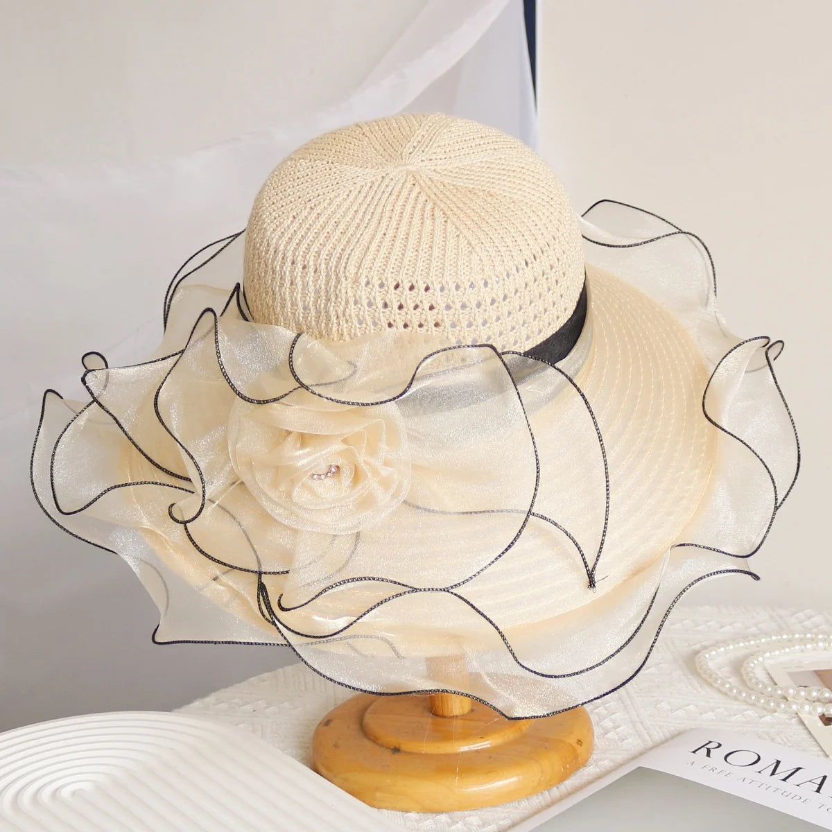 Elegant Women's Summer Sun Hat – Breathable Organdy, Foldable Design, Woven Crown with Flower Decoration