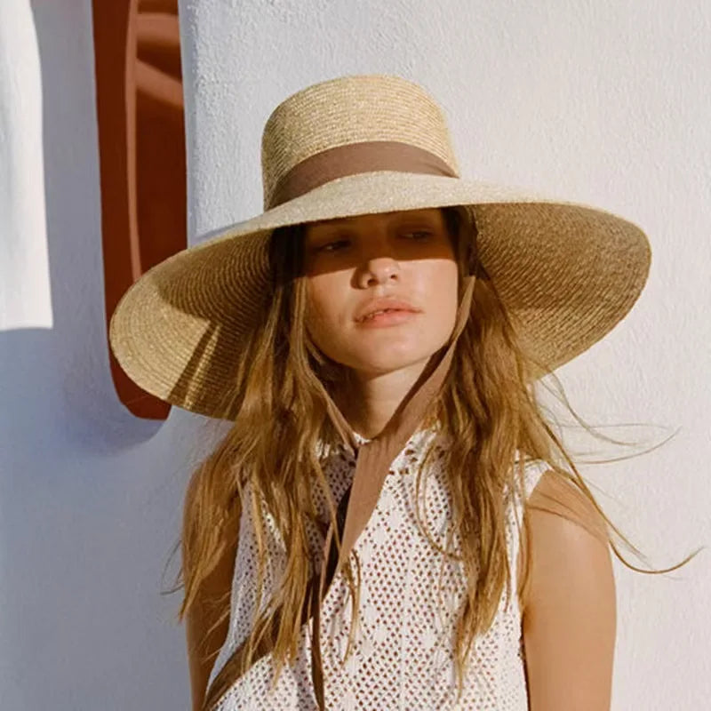 Women Wide Brim Straw Hat with Chin Strap Summer Sun Hats UV Sun Protection Beach Hat Wind Lanyard UPF Derby Travel Hat