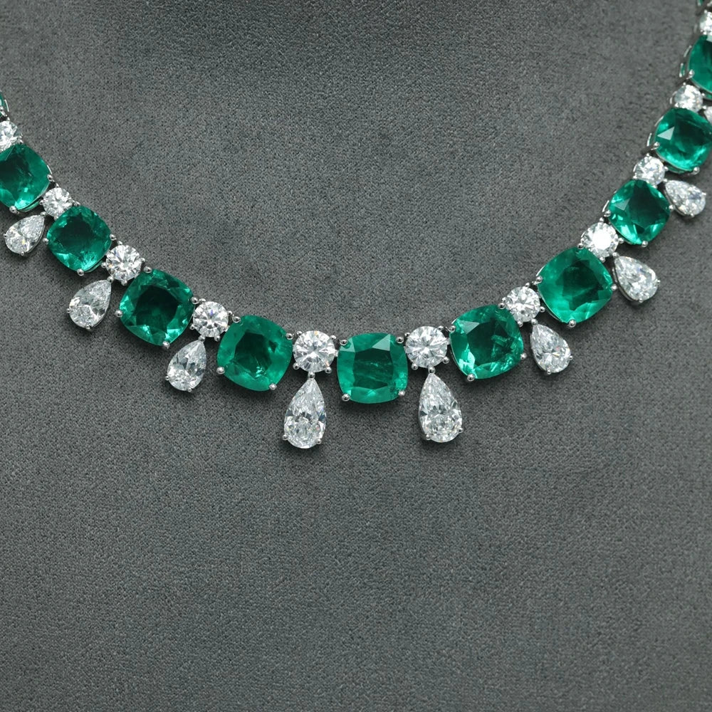 Vintage 100% 925 Sterling Silver 17MM Emerald High-Carbon Diamond Gemstone Pendant Necklace Fine Jewelry, Anniversary Gifts