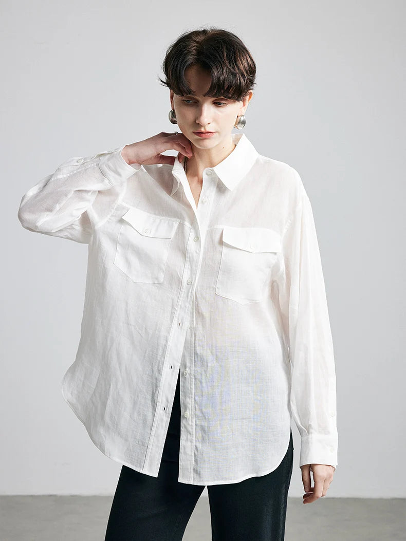 100% Ramie Loose-Fit Blouse  -  Women's Turn-Down Collar Shirt with Double Chest Pockets