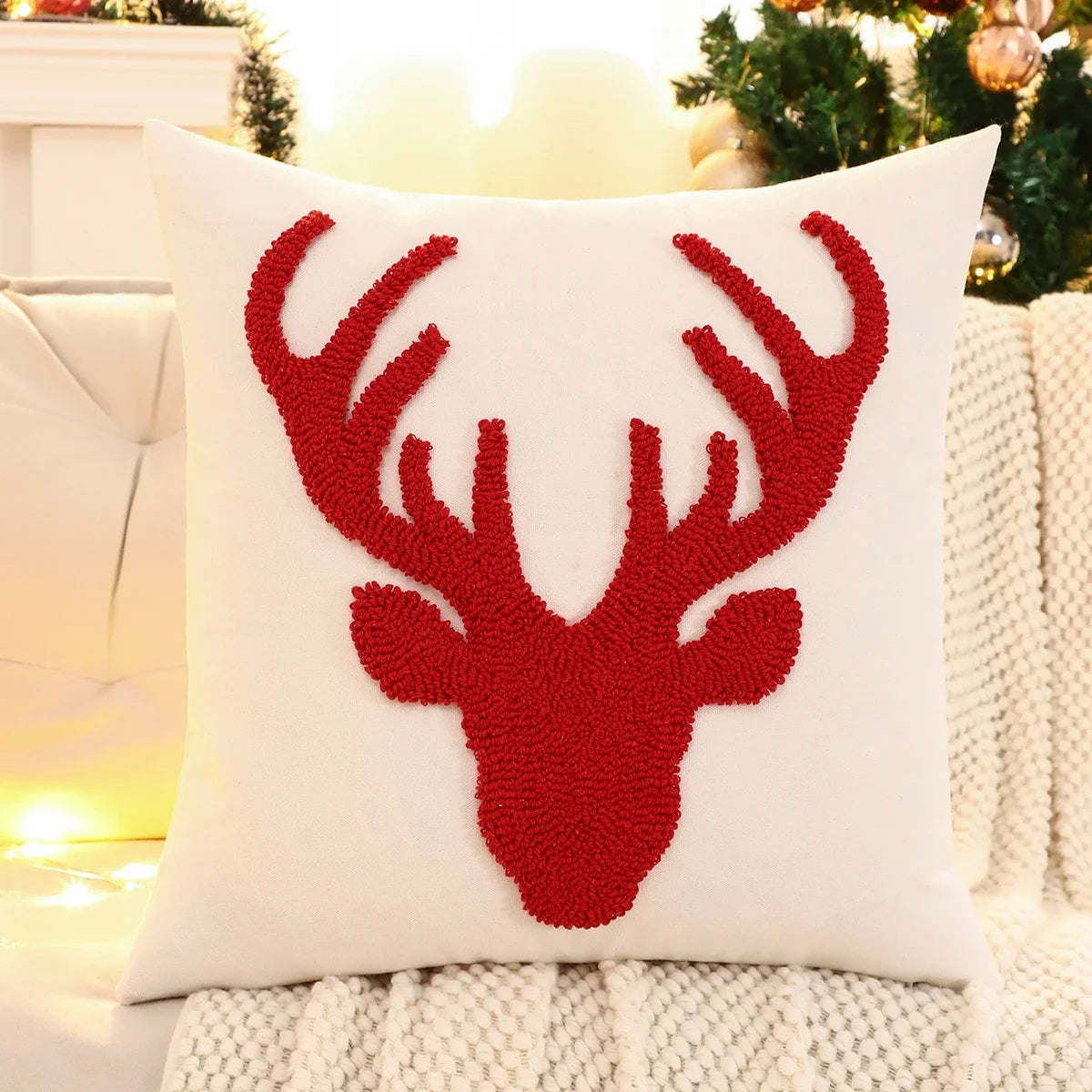1 PC Christmas Decoration Throw Pillow Cover Embroidery Canvas Tufted Christmas Deer