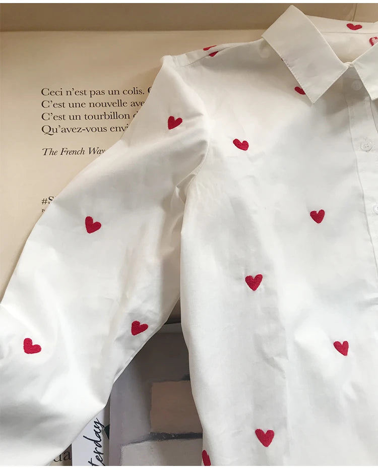 Women's Heart Embroidery Blouse - Turn-Down Collar, Single-Breasted, Fresh Long Sleeve Denim Shirt for Valentine's Day