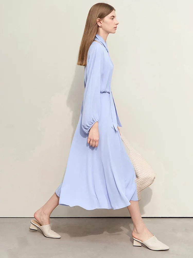 Minimalist Women's Chiffon Dress - 2024 Spring Collection, Solid Color, Loose A-Line Design, Lantern Sleeves, Long Dress with Detachable Belt