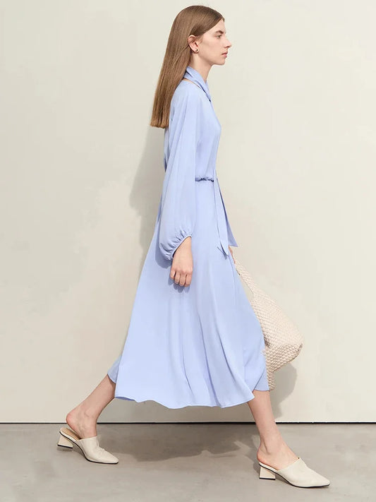 Minimalist Women's Chiffon Dress - 2024 Spring Collection, Solid Color, Loose A-Line Design, Lantern Sleeves, Long Dress with Detachable Belt - HER SHOP