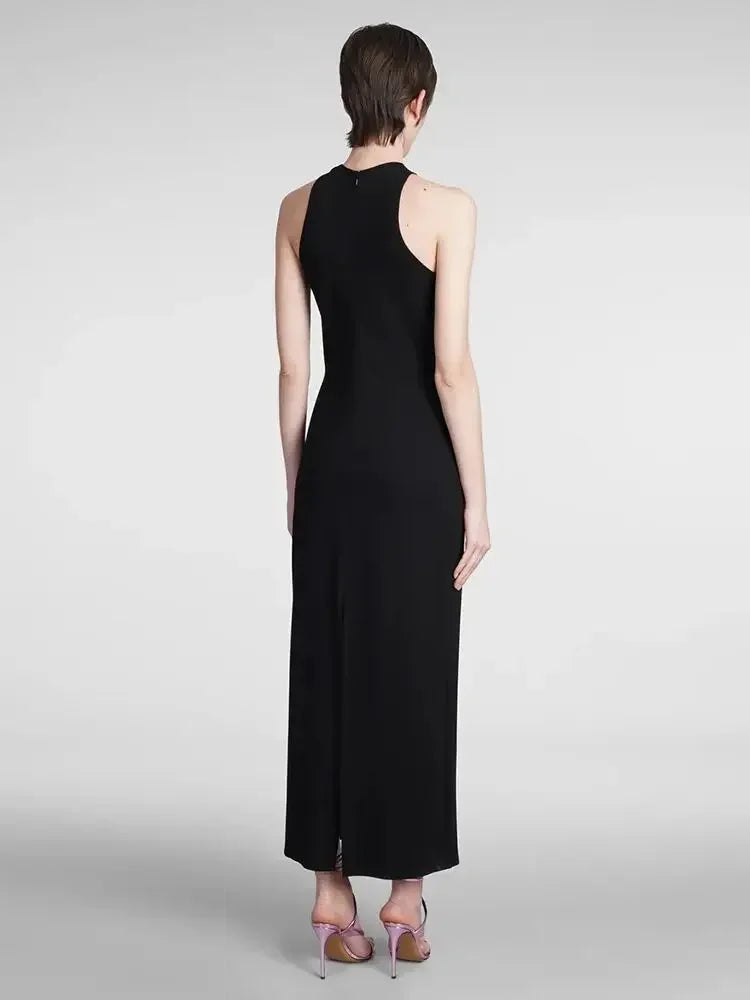 Black Sleeveless Maxi Bandage Dress with Diamond Flower Detail - Elegant Choice for Celebrity Parties & Events