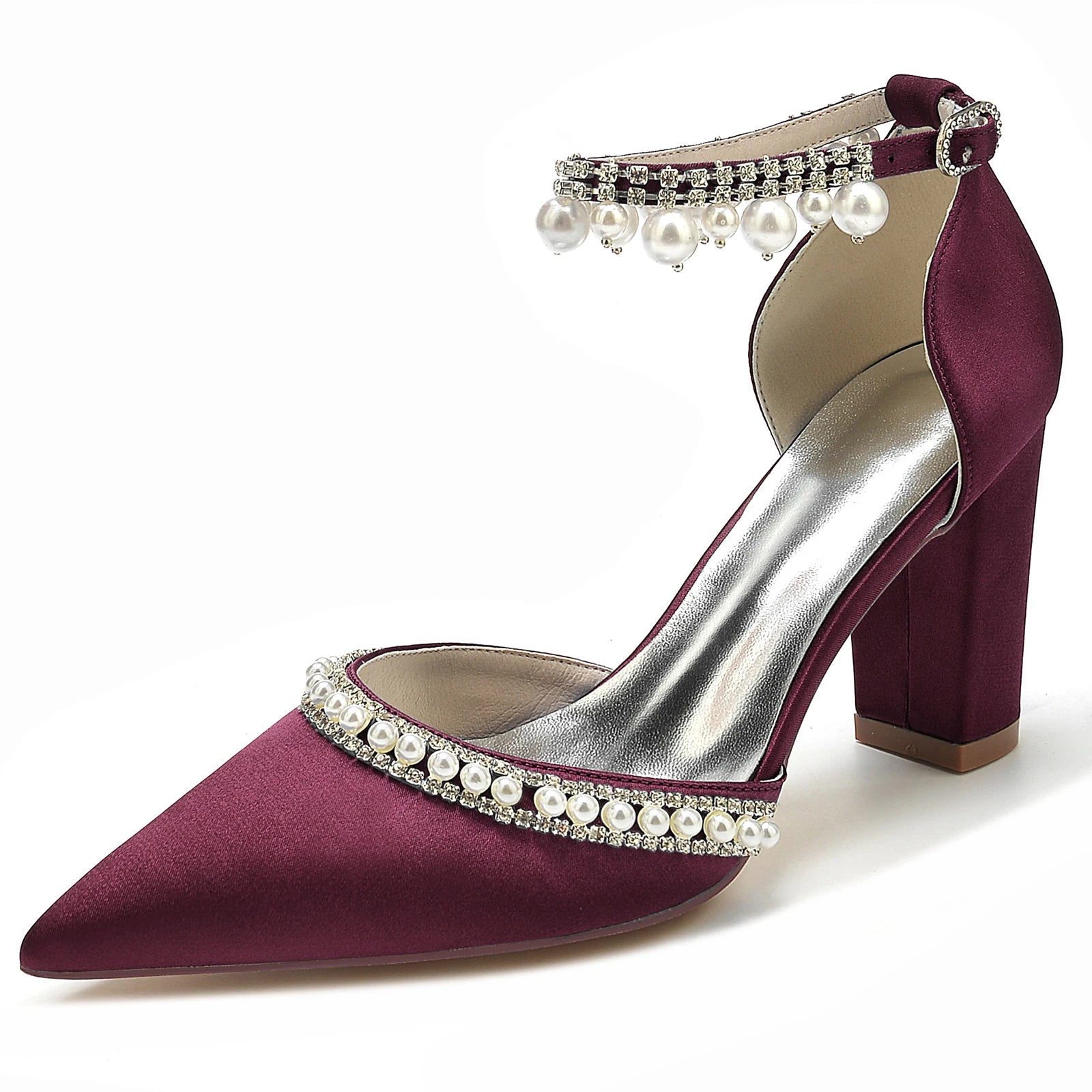 Elegant Satin Evening Pumps with Thick Block Heel, Pearls & Ankle Strap  -  Bridal, Prom, Party Shoes