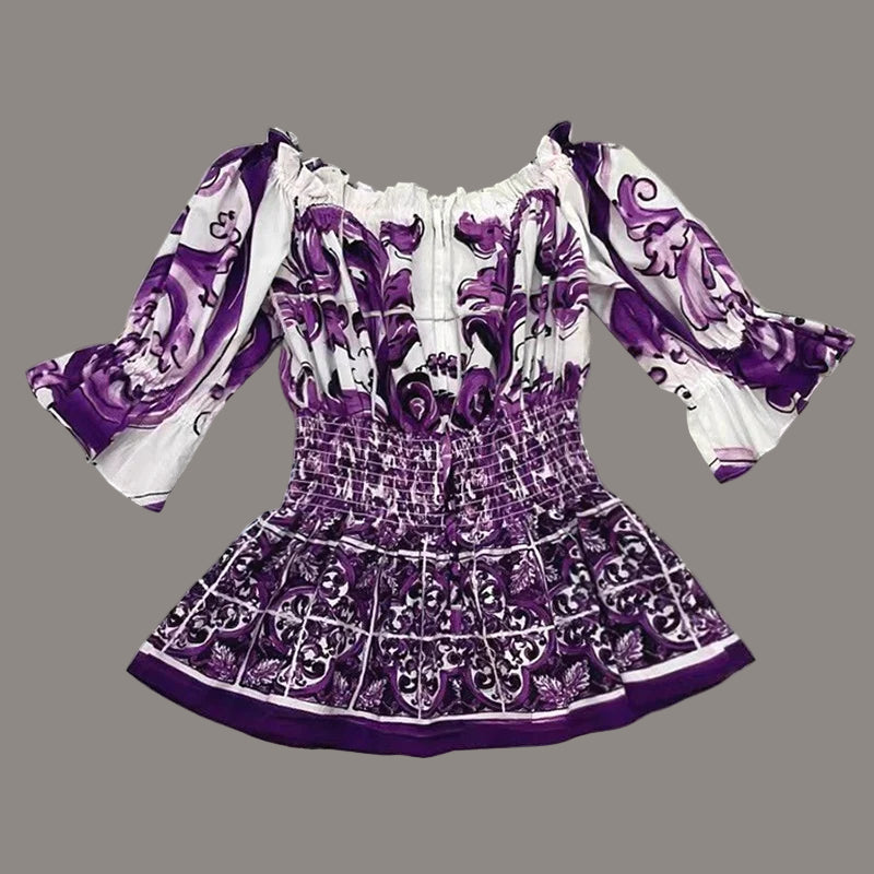 Elegant Women's Silk Top & Printed Cotton Skirt Set – 2-Piece Turn-Down Collar Outfit