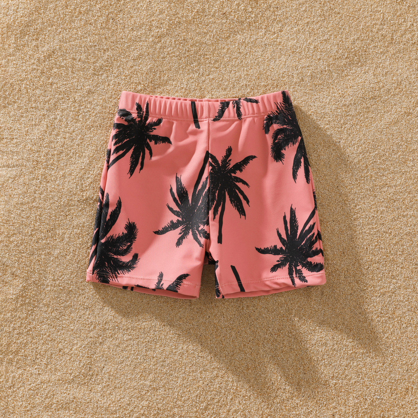 Family Matching Coconut Tree Print Swimwear – Pink Swim Trunks & Spaghetti Strap One-Piece Swimsuit