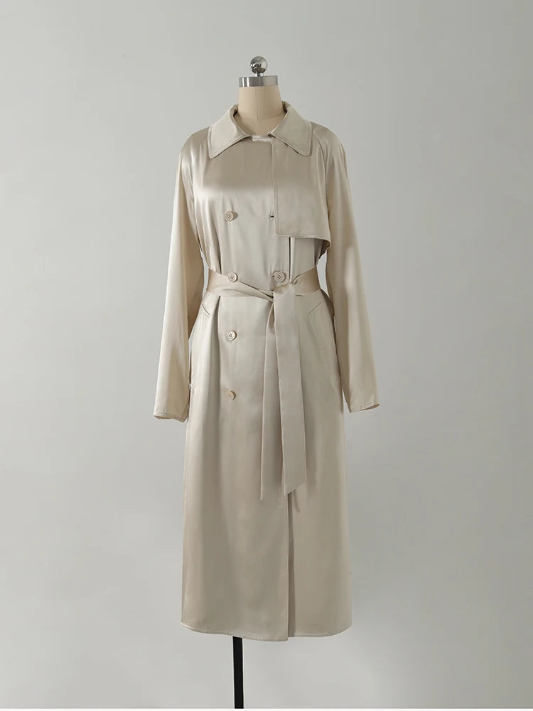 Effortless Chic Gloss 100% Heavy Silk Satin Champagne Double Breasted Belted Trench Elegant Turn-Collar Long Coat Event Outwear