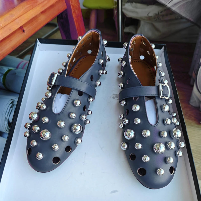 New Rivet Round Head Flat Shoes Orange Leather Sandal Buckle Ballet Sandal Silver Hollow Mary Jane Shoes Lipstick Key Bag 34-45
