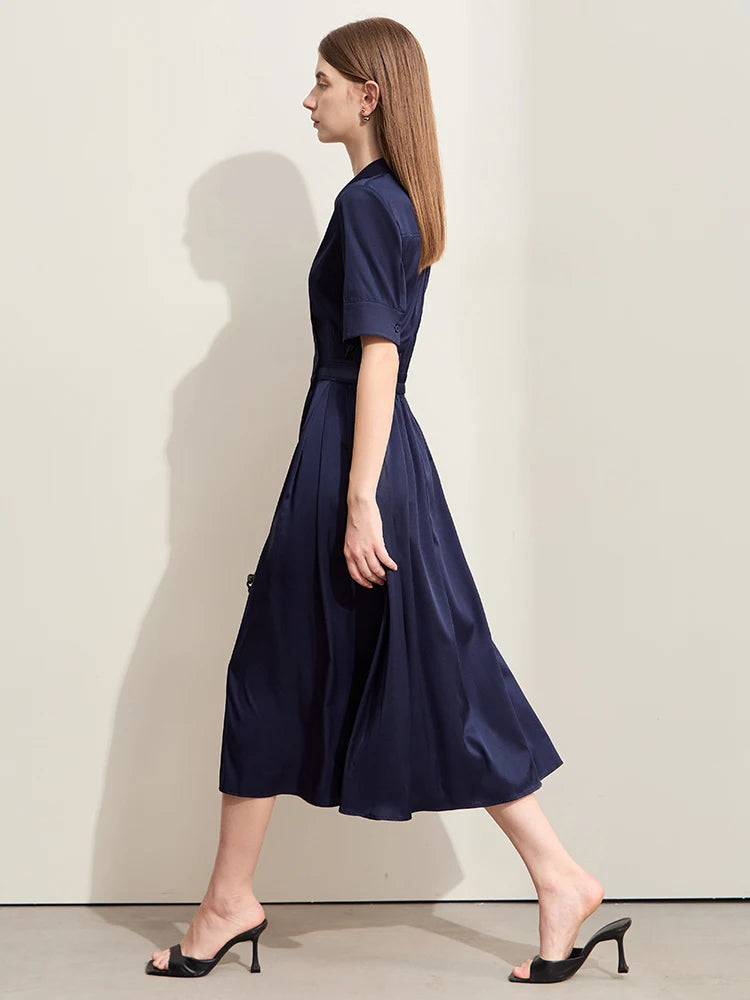 Minimalism Silk Dress for Women – Summer Light Luxury Lapel Half Placket Stretch Long Shirt Dress