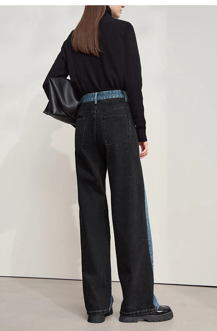 Retro Patchwork Wide-Leg Denim Jeans – Casual Loose Fit Women’s Pants