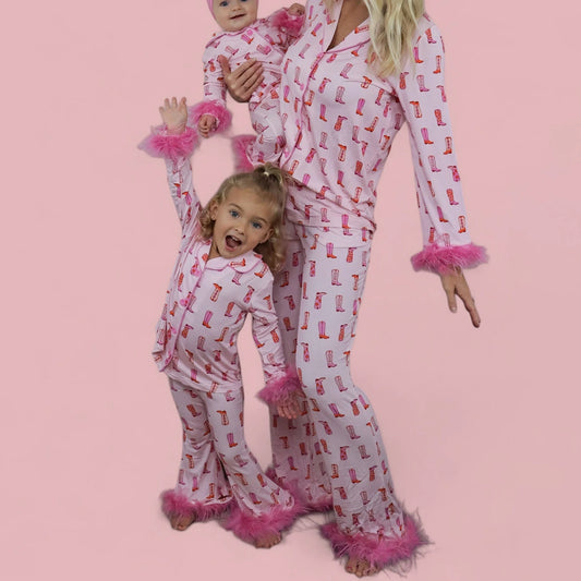 Christmas Mom and Me Matching Cowgirl Pajamas Set — Boot Print Long Sleeve Top & Pants Family Loungewear - HER SHOP