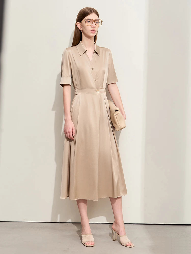 Minimalism Silk Dress for Women – Summer Light Luxury Lapel Half Placket Stretch Long Shirt Dress