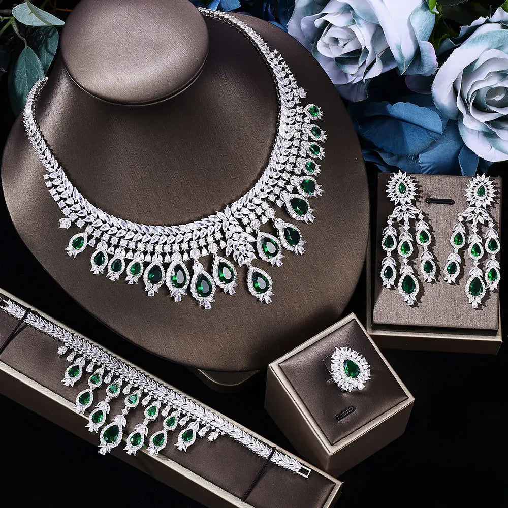 Luxury 4-Piece Bridal Wedding Jewelry Set | 3A Zircon Crystal Necklace Set | Dubai-Inspired Hot Selling Jewelry