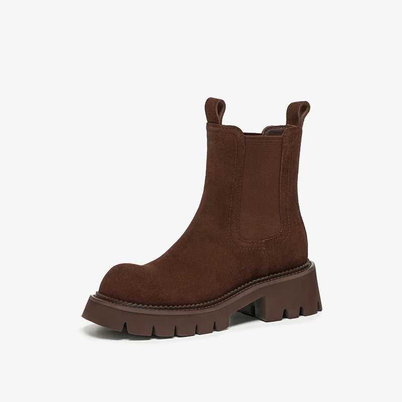 Women’s Cow Suede Platform Chelsea Ankle Boots – Round Toe with Elastic Band and Stitching Design