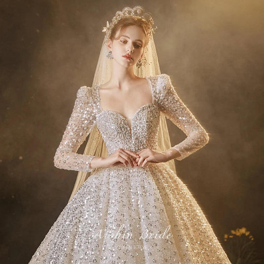 Luxury Sequined A-Line Wedding Dress - Custom Square Collar with Long Sleeves - HER SHOP®