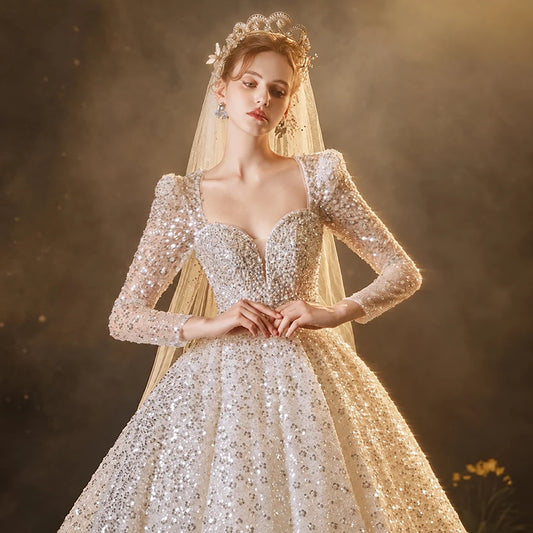 Luxury Sequined A-Line Wedding Dress – Square Collar & Long Sleeves - HER SHOP®