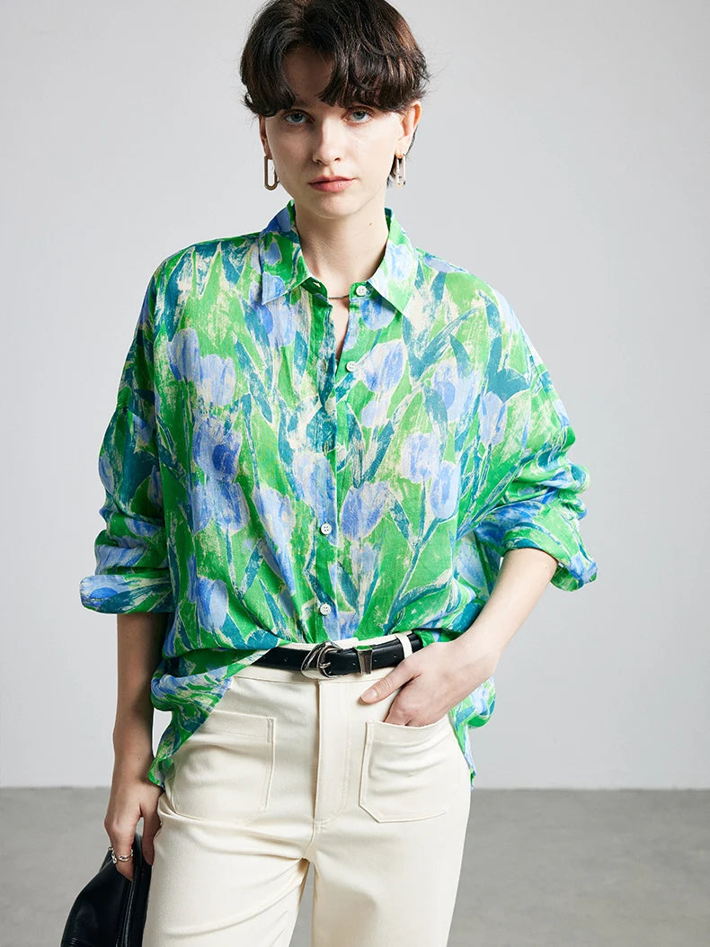 100% Ramie Printed Blouse  -  Women's Turn-Down Collar Shirt in Blue, Green, or Yellow
