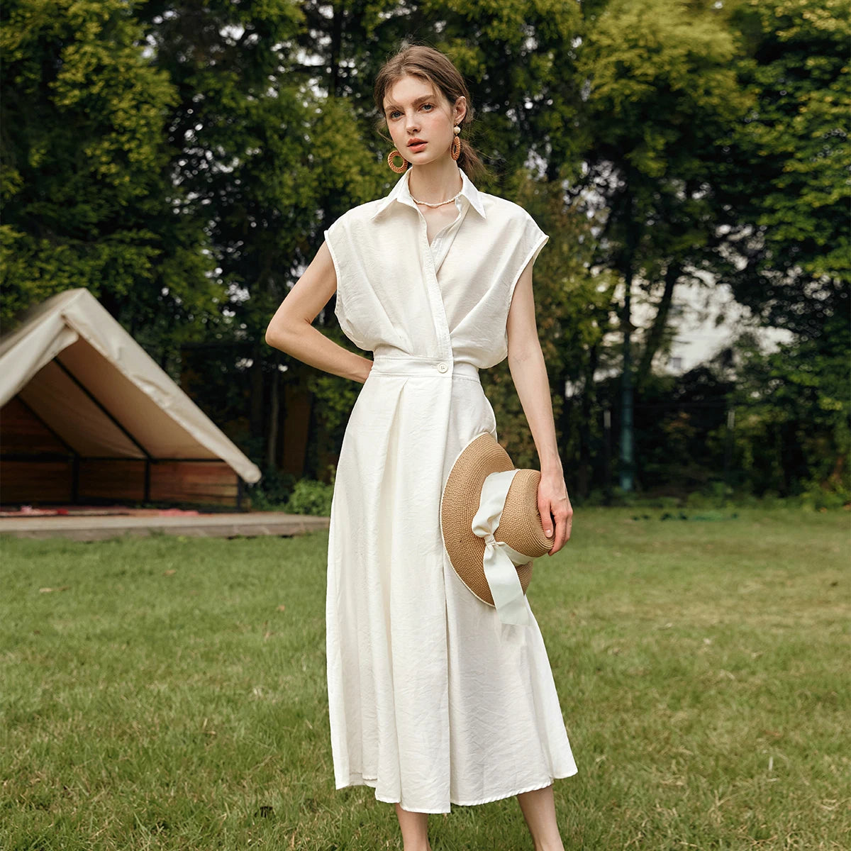 Womens Summer Lyocell Shirt Dress Elegant Vintage Short Sleeve Flared Midi Dress White Dress / S Womens Summer Lyocell Shirt Dress Elegant Vintage Short Sleeve Flared Midi Dress White Dress / S