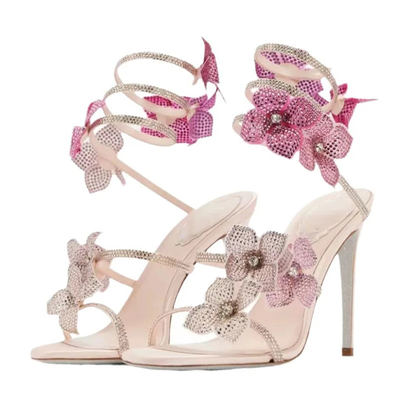 Sexy Crystal Flower High Heel Sandals for Women – Street Style Narrow Band Ankle Strap Party & Dance Shoes
