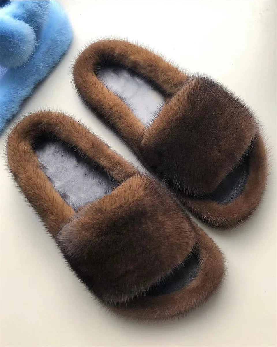 Luxury Real Mink Fur Slippers for Women – Summer Flat Slides with Plush Fur and Sheepskin Insole