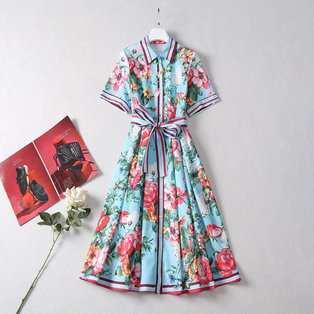 Women's Summer Floral Shirt Dress  -  2025 Runway-Inspired Midi with Lace-Up Waist | Casual Chic Short Sleeve Vestido