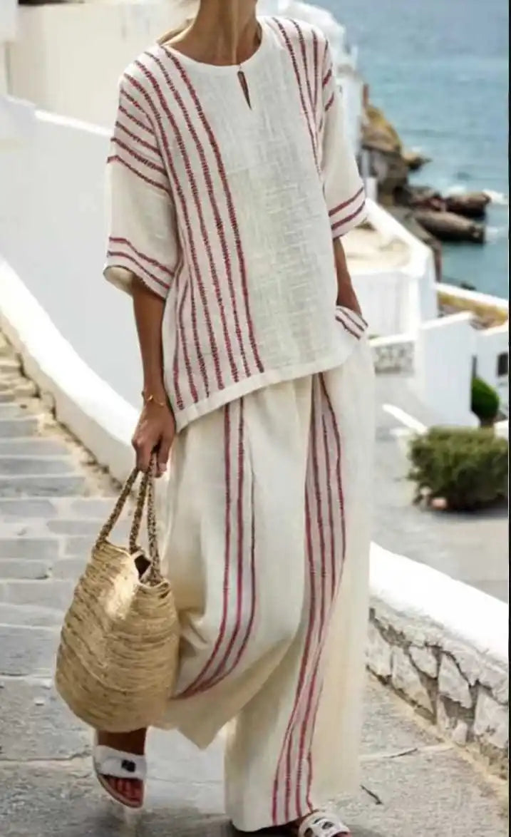 Women’s Cotton Linen Striped Two-Piece Set – Short Sleeve Pullover Top & High Waist Wide Leg Pants, Spring/Summer Outfit