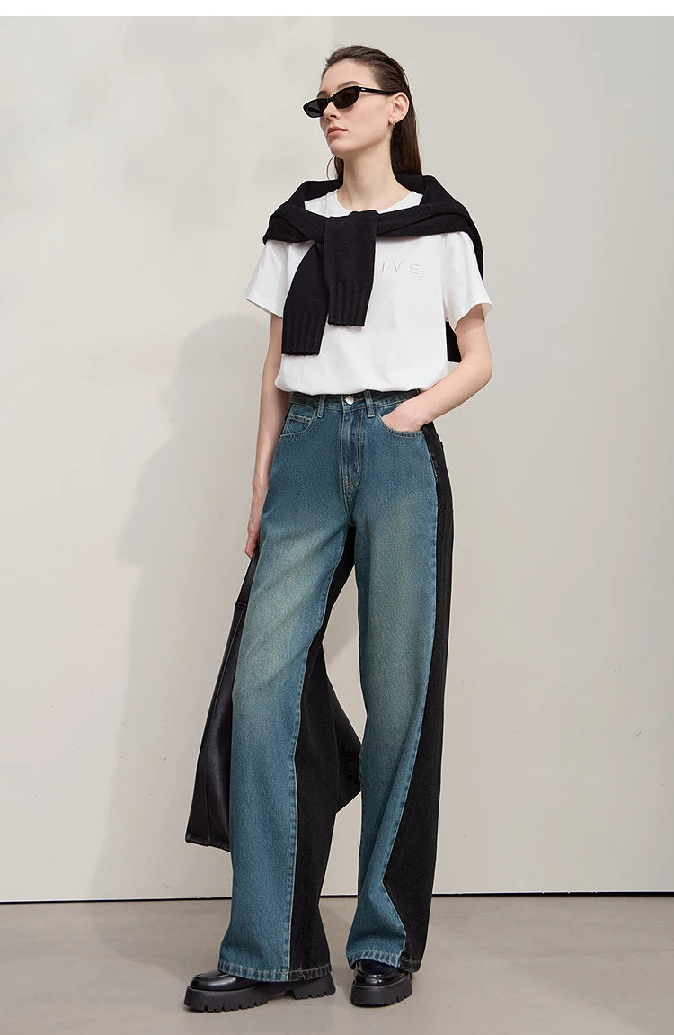 Retro Patchwork Wide-Leg Denim Jeans – Casual Loose Fit Women’s Pants