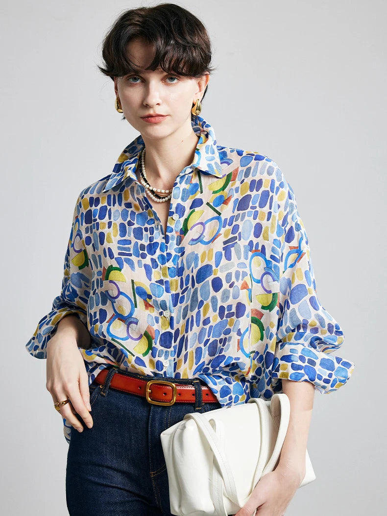 100% Ramie Printed Blouse  -  Women's Turn-Down Collar Shirt in Blue, Green, or Yellow