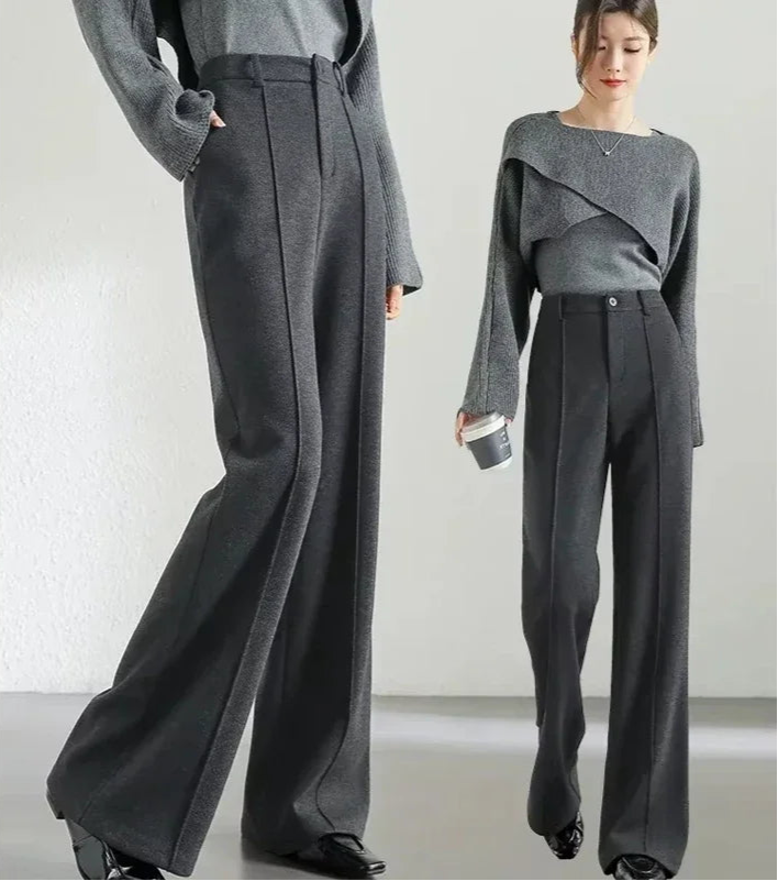 High Waist Wool Blend Flare Pants – Warm Winter Office Trousers for Women - HER SHOP