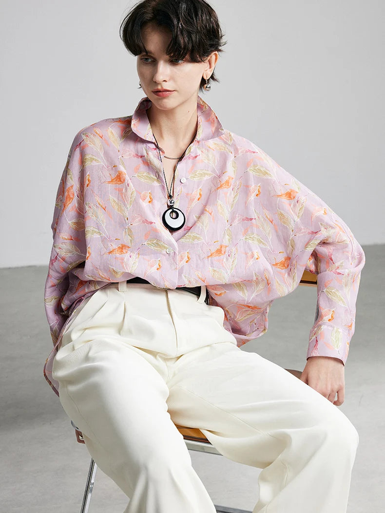 100% Ramie Floral Blouse  -  Pink Turn-Down Collar Shirt - HER SHOP