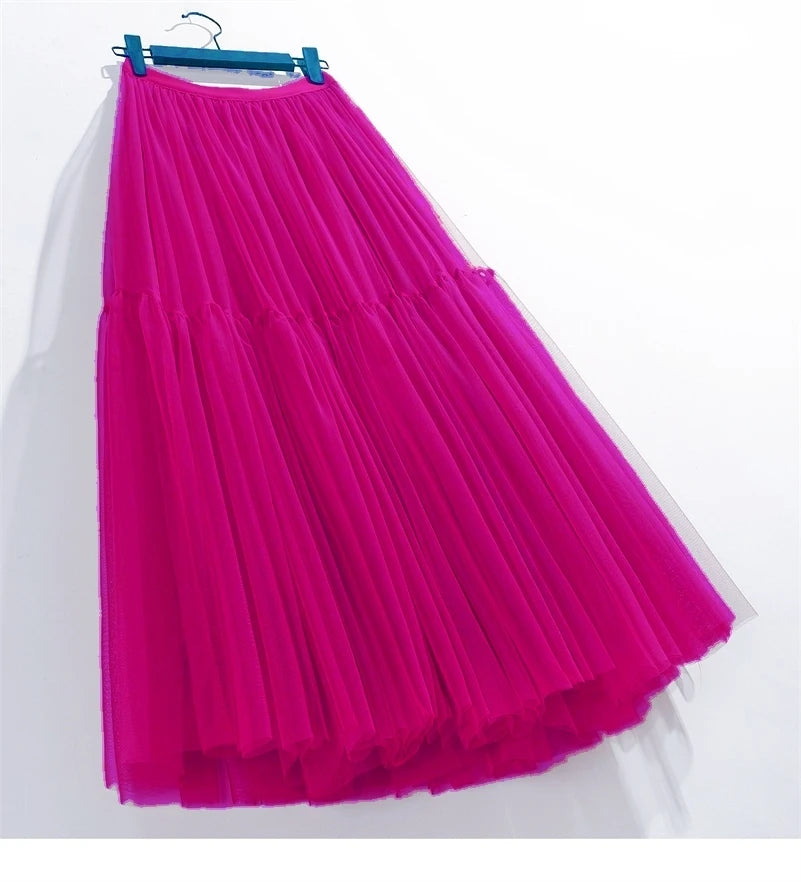 Elegant High Waist Tulle Skirt – Solid Color A-Line Mesh Tutu Skirt for Women