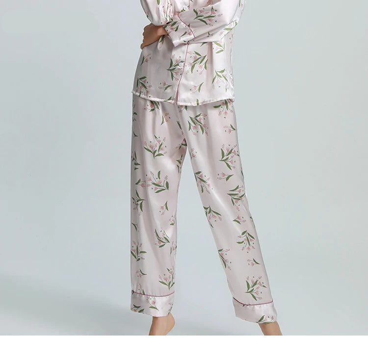 100% Real Silk Women’s Pajama Set – Printed Long-Sleeve Summer Home Suit