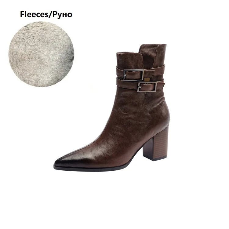 NEW Autumn Women Boots Pointed Toe Chunky Heel Boots Split Leather Shoes for Women Short Modern Boots Winter Belt Buckle Boots