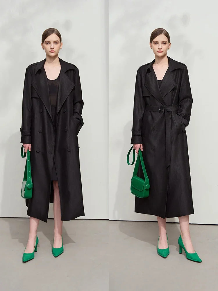Minimalist Wide-Waist Trench Coat for Women - 2025 Spring/Summer Long Double-Breasted Overcoat with Turn-Down Collar