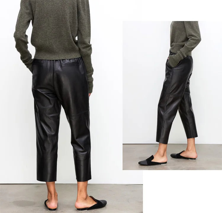 Women’s Genuine Sheepskin Leather Pants – High Waist Straight Fit Ankle-Length Trousers
