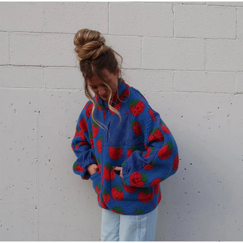 Retro Printed Plush Zipper Short Jacket Women Casual Loose High Neck Pocket Jackets Coat Lady 2025 Versatile Chic Street Outwear